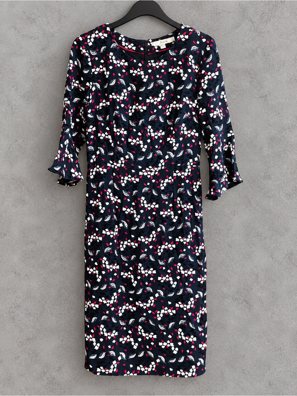 Boden US 6 UK 10 Navy Floral Sheath Dress Bell Sleeve Stretch Lined